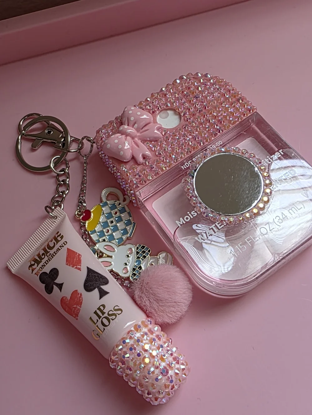 Disney Alice And Wonderland Crystal Bling Hand Sanitizer Keychain with Mirror